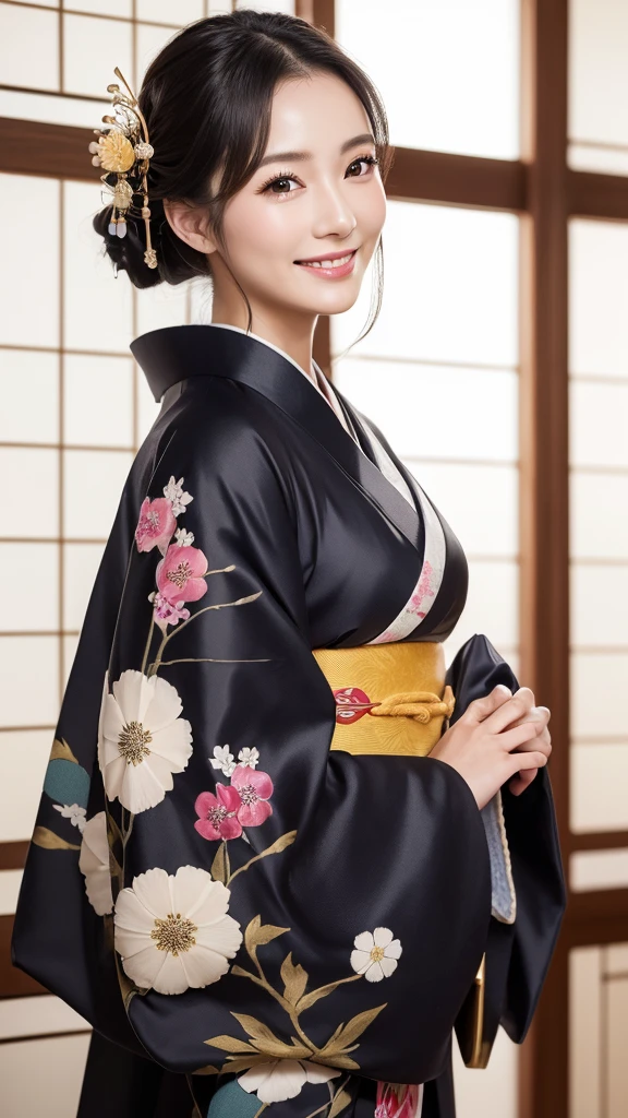 (Super beautiful woman in kimono)、((highest quality、8K masterpiece:1.3))、sharp focus:1.2、(super beautiful face:1.0)、(shiny skin:1.0)、realistic pictures、black hair、video lighting、High resolution eyes and face、video lighting、japanese actress、from the front、with a happy smile、whole body、wearing a kimono、in Kyoto、(luxury obi)、with a fan