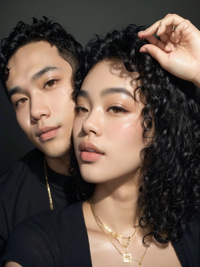 there is a short black haired Asian man and a woman posing for a photo, with black skin and curly hair, smooth in _ o fundo, Couples portrait, portrait of two people, They are in love, Couple pose, unstyled photo of tyler mitchell, Couple