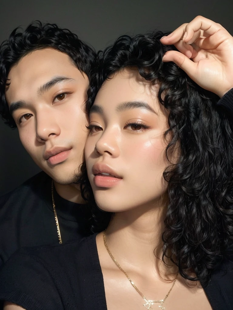 there is a short black haired Asian man and a woman posing for a photo, with black skin and curly hair, smooth in _ o fundo, Couples portrait, portrait of two people, They are in love, Couple pose, unstyled photo of tyler mitchell, Couple