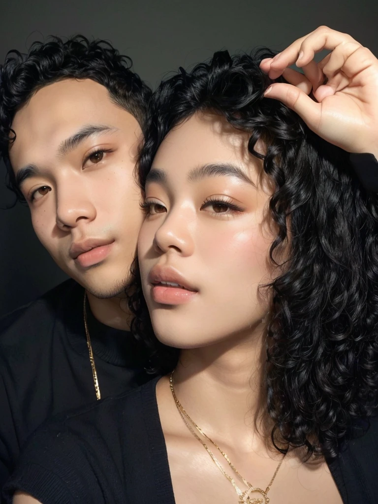 there is a short black haired Asian man and a woman posing for a photo, with black skin and curly hair, smooth in _ o fundo, Couples portrait, portrait of two people, They are in love, Couple pose, unstyled photo of tyler mitchell, Couple