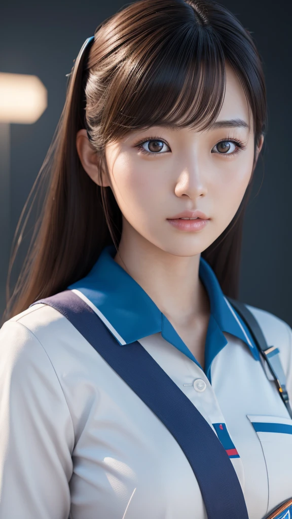 A beautiful young Japanese woman, around 20 years old, wearing a stewardess uniform, ultra-detailed, 8K resolution, highly realistic, cinematic lighting, best quality, masterpiece, photorealistic, physically-based rendering, extremely detailed, vivid colors, professional, sharp focus, studio lighting