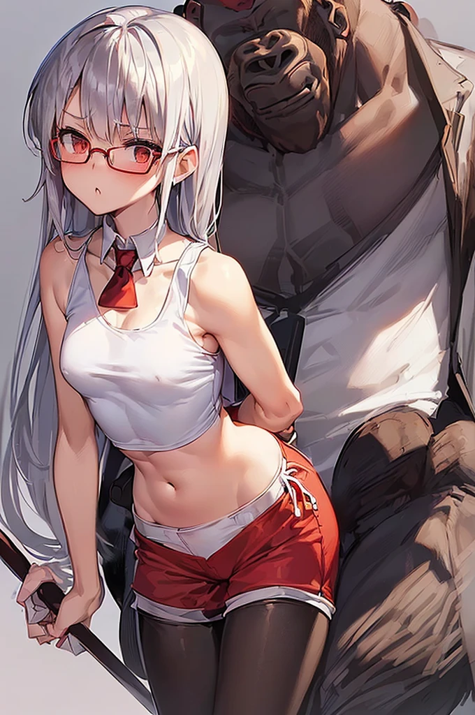 masterpiece, best quality,anime style, 1 girl,(((slender body))), (((small breast))),(((hot pants, white tanktop,red tie,glasses))),(((((a gorilla man grabbing the girl))))), ((((restrained, arms behind back)))),((((cum)))), (beautiful face), (((long hair))), (((straight hair))), ((((silver hair)))),detailed beautiful skin, (perfect hands, perfect anatomy)