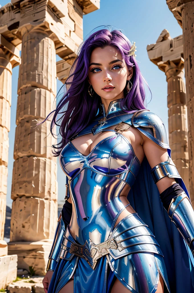 one woman, 25 year old, Greek goddness, purple hairs, blue eyes, greece, ancien temple, perfect bosy, masterclass, HD, 8k, wearing an armor, armor with a anciengreek  design, white cape, dark enegy aura, in an ancient greek temple in ruins