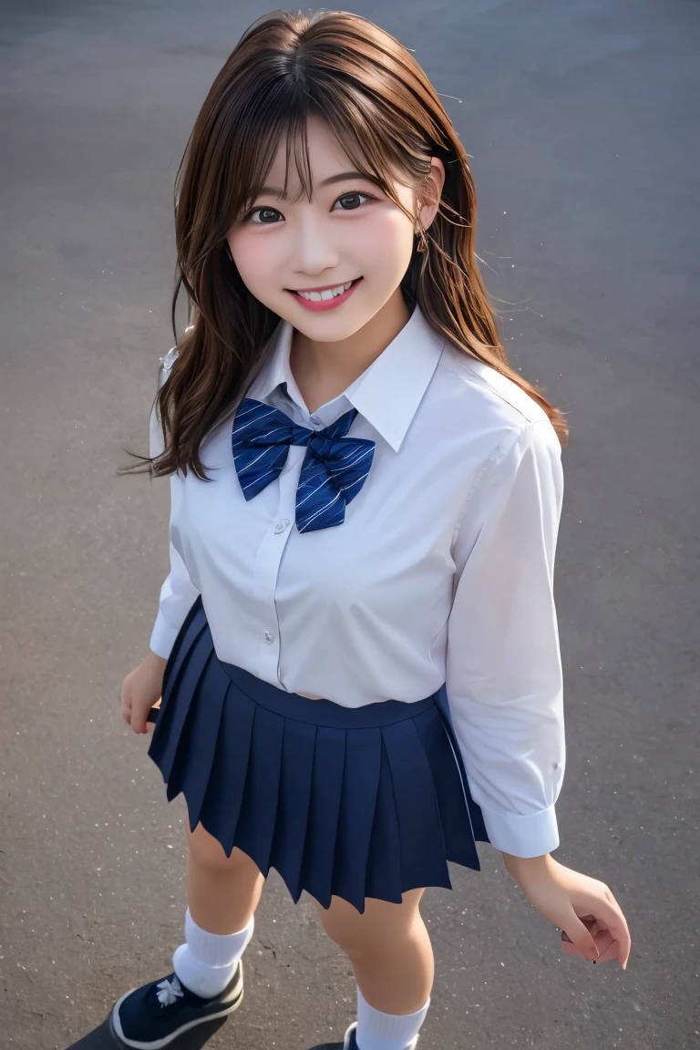 Highest quality, (beautiful)、Brown Hair、Bowtie、Business shirts、Close-up、smile、looking at the camera、Big 、Shoot from above、Navy Blue Skirt、loose socks
