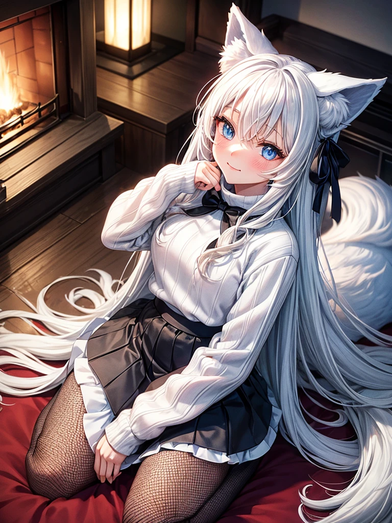 Anime, 1girl, white hair, blue eyes, glowing eyes, fishnet leggings, white winter sweater, mini-skirt, slight smile, blush, cozy house, fireplace, kitsune girl, fox plush, nine tailed girl, snow, white neck bow, fox ears, black tight leggings, blue glowing, winter themed blanket, bedroom, small arctic fox plushie, red wine, 