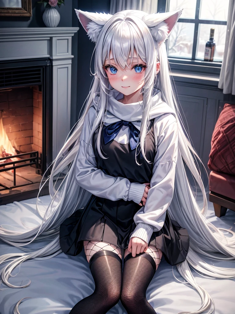 Anime, 1girl, white hair, blue eyes, glowing eyes, fishnet leggings, white winter sweater, mini-skirt, slight smile, blush, cozy house, fireplace, kitsune girl, fox plush, nine tailed girl, snow, white neck bow, fox ears, black tight leggings, blue glowing, winter themed blanket, bedroom, small arctic fox plushie, red wine,