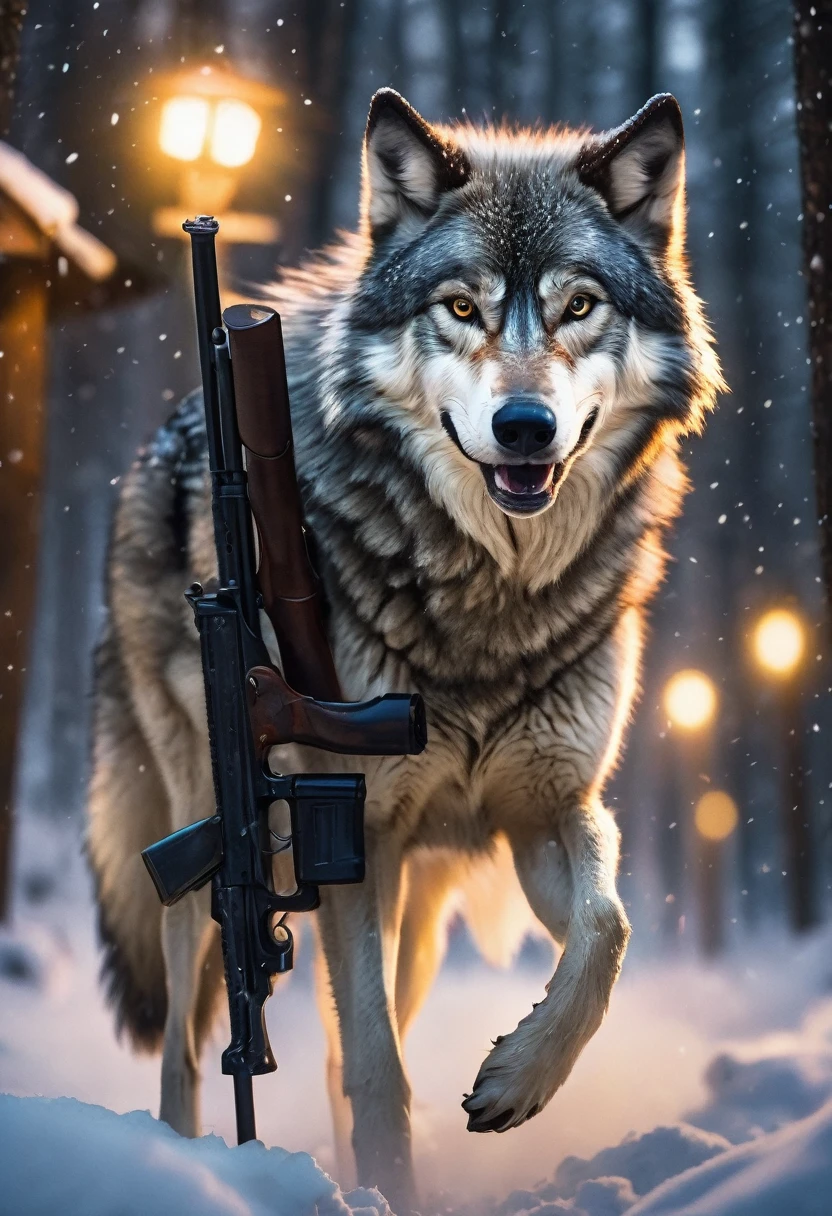 1 Wolf holding a shotgun in its clawed paw, snarling, pointing the gun at a male, forest, falling_snow, snowing, night time, flash photography, blurry background, bokeh, eye level, ultra realistic, professional photo, high_resolution, hyperdetailed, HD, masterpiece