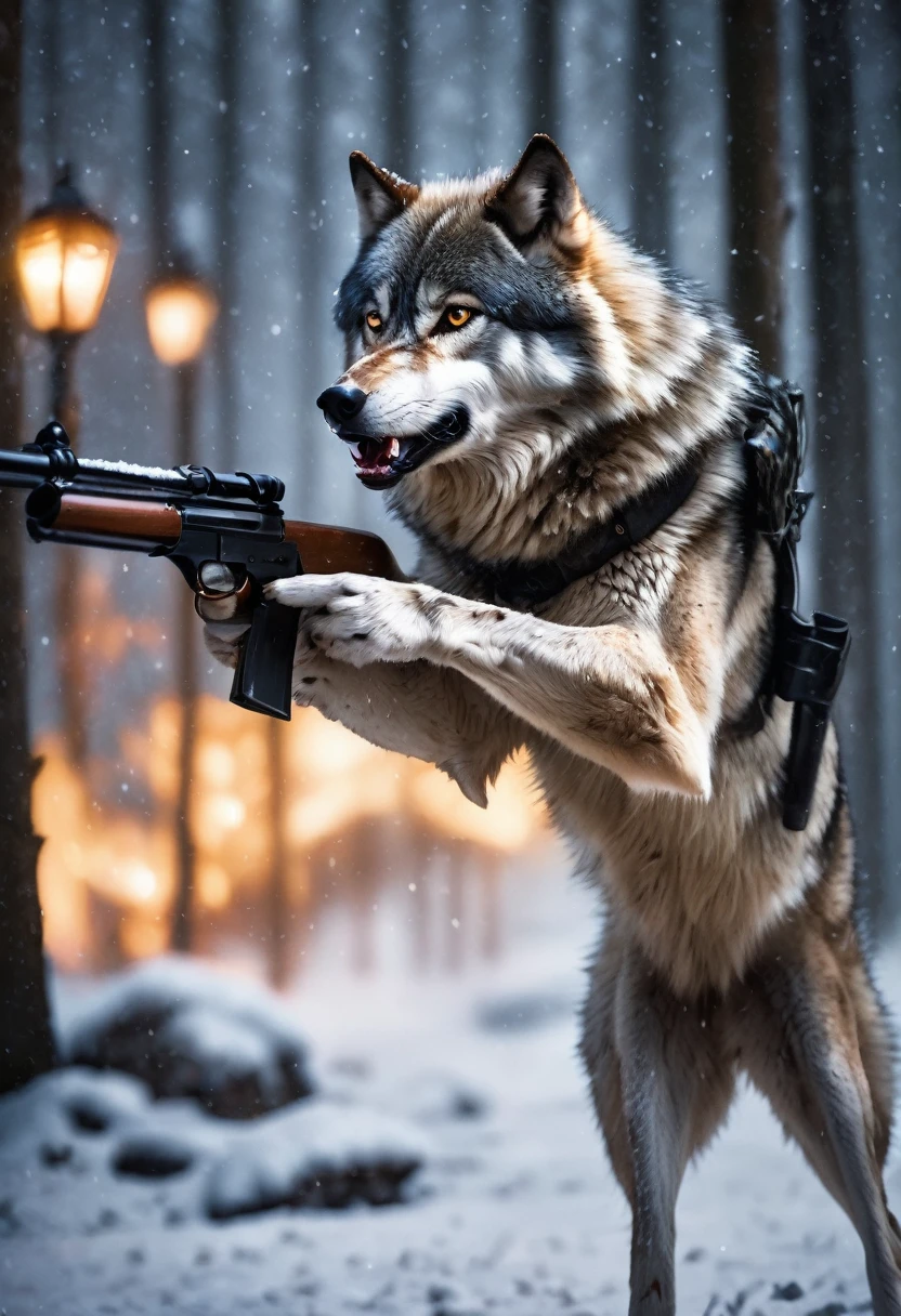 1 Wolf holding a shotgun in its clawed paw, snarling, pointing the gun at a male, forest, falling_snow, snowing, night time, flash photography, blurry background, bokeh, eye level, ultra realistic, professional photo, high_resolution, hyperdetailed, HD, masterpiece 