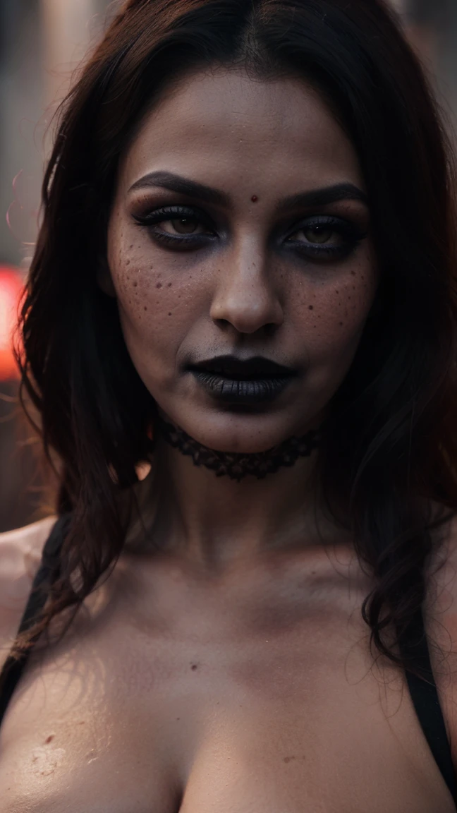 (best quality, hyperdetailed photography:1.2), beautiful Indian lady, ((dark black lipstick)), freckles, gothic makeup, soft light, curvy figure, head and breast portrait, cover, (detailed beautiful face, detail skin texture, ultra-detailed body:1.1) sexy vampire women, closeup