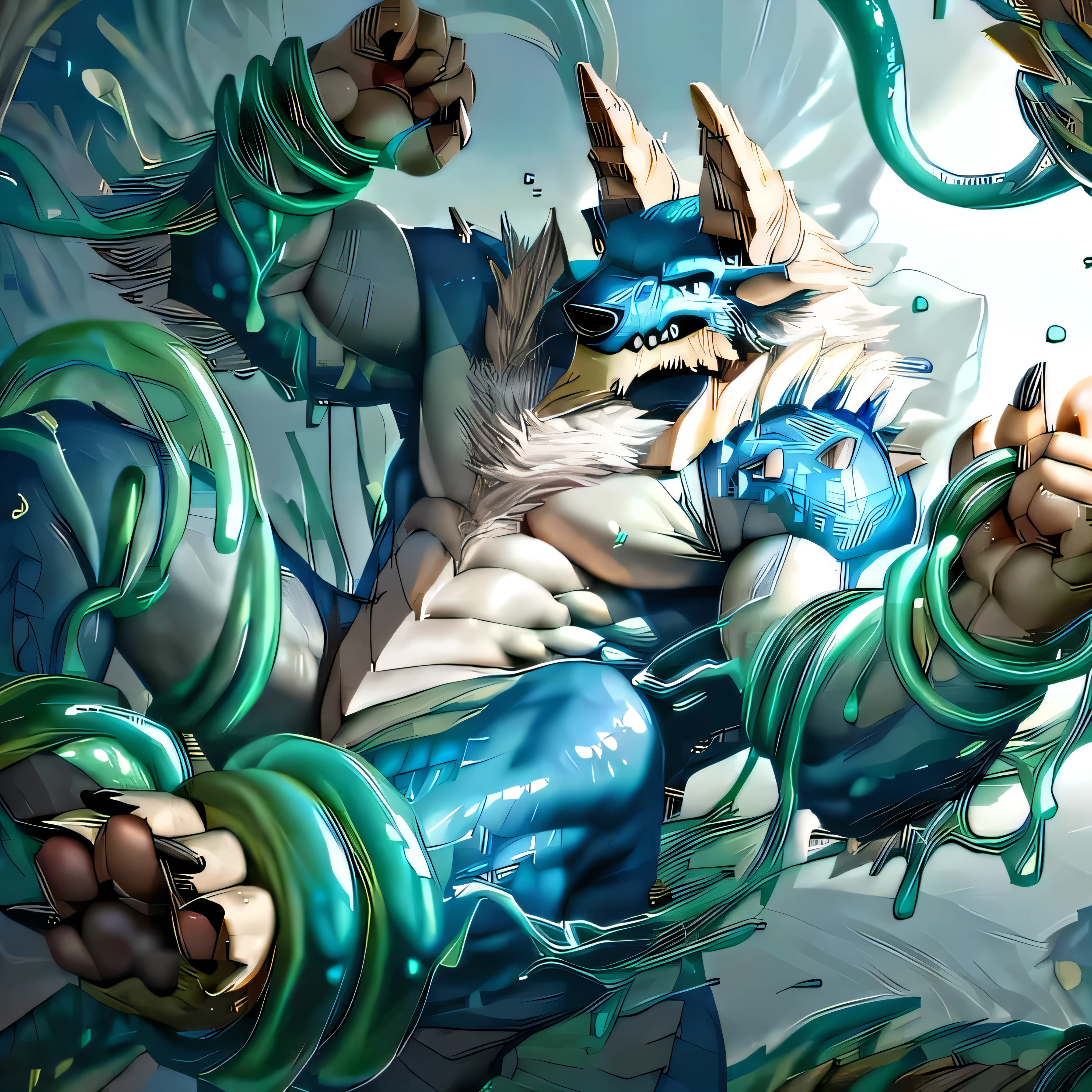 anthropology,(zinogre:1.2),Tail,((whole body,blue eyes, Blue body, White furry, Yellow Hand, Feet, Blue face,4 toes,Tail )),,muscular, whole body, (author：null-ghost,From raccoon21,masterpiece,high quality), Night Fight,((boundary)), rest (((Slime monster uses tentacles to fight dragon))，4 toes，struggle, (pain:1.3)，frown，annoyed, Worry,full body,pawpads,((horns))