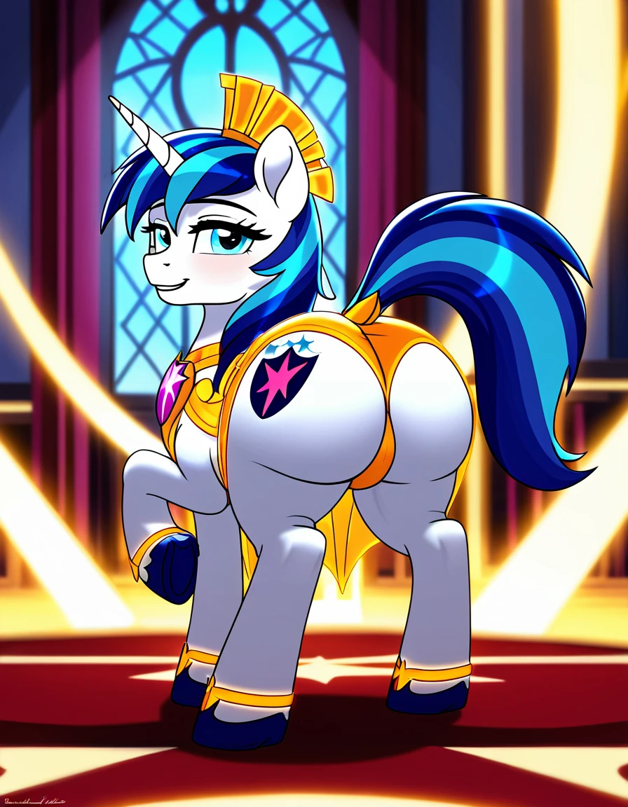 (((my little pony))), solo, ((slutty costume)), beautiful pony body, ((seductive perky big butt)), behind view, (((shining armor))), ((4 legs)), radiant lighting, vibrant colors, whimsical atmosphere, 8K, high resolution, highly detailed, masterpiece, vibrant and luminous, dynamic and imaginative, beautiful and enchanting,