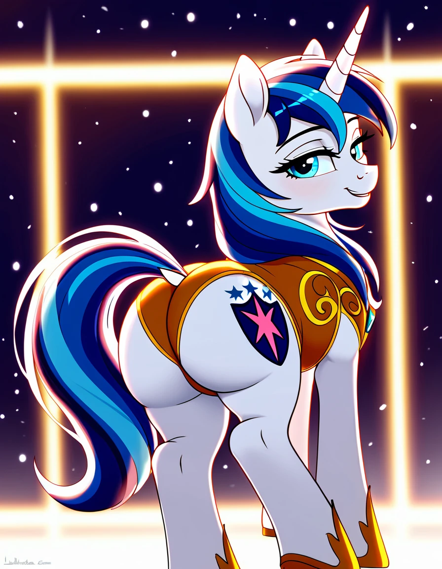 (((my little pony))), solo, ((slutty costume)), beautiful pony body, ((seductive perky big butt)), behind view, (((shining armor))), ((4 legs)), radiant lighting, vibrant colors, whimsical atmosphere, 8K, high resolution, highly detailed, masterpiece, vibrant and luminous, dynamic and imaginative, beautiful and enchanting,