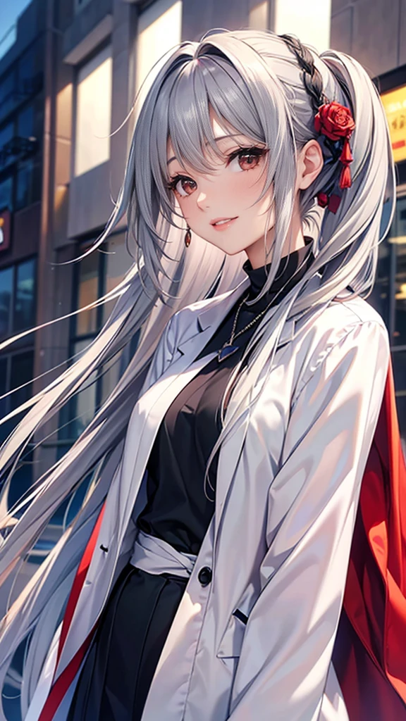 (Detailed face, Beautiful Eyes, 8K壁紙, Very detailed, beautifully、Beautiful appearance, 16K, 8K, 超High resolution, Soft lighting, Visual Key, High resolution, Highest quality, masterpiece, Digital Illustration, Only a perfectly Detailed face),(In the city, Background City), (software, full length), (Happy), ((Red eyes, 1 Girl )),(Gray Hair, Long Hair)