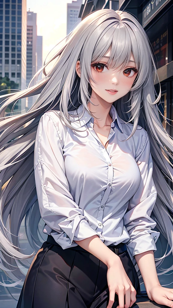(Detailed face, Beautiful Eyes, 8K壁紙, Very detailed, beautifully、Beautiful appearance, 16K, 8K, 超High resolution, Soft lighting, Visual Key, High resolution, Highest quality, masterpiece, Digital Illustration, Only a perfectly Detailed face),(In the city, Background City), (software, full length), (Happy), ((Red eyes, 1 Girl )),(Gray Hair, Long Hair)