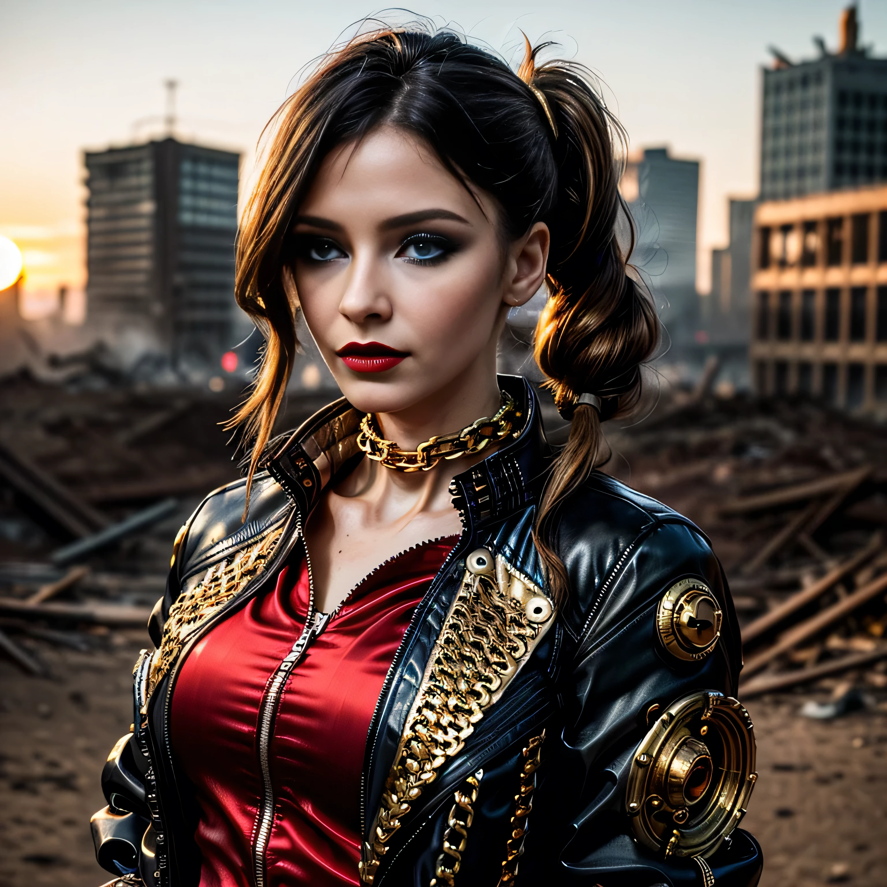 ((masterpiece, photorealistic:1.4, extremely intricate:1.3, photon mapping, radiosity, physically based rendering, ultra resolution, hyper-realistic, photorealistic:1.4, hyper-realistic, 8K)), (((athletic female assassin, long pigtails windy [black hair:bright ginger hair:0.7], (([flat chest:medium breasts:0.8])), ((makeup:1.2, perfectchainmail, gold steampunk, black jacket), red lips, bright sunlight, sunset, red silk shirt)))), outdoors, metal reflections, ((((futuristic apocalyptic city destroyed)))), professional photograph, soft focus, dramatic, award winning, cinematic lighting, volumetrics (film grain, blurry background, blurry foreground, bokeh, depth of field), BREAK,([clear eyes:blue eyes:0.4])
