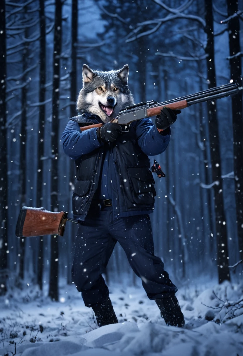 1 Wolf holding a shotgun in its clawed paw, snarling, pointing the gun at a male, forest, falling_snow, snowing, night time, flash photography, blurry background, bokeh, eye level, ultra realistic, professional photo, high_resolution, hyperdetailed, HD, masterpiece