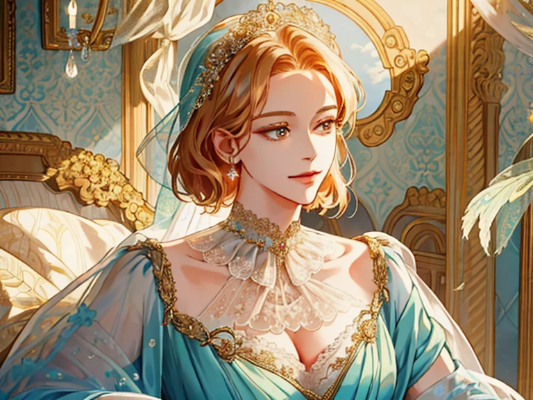 shoujo-style, (extremely delicate and beautiful:1.2), 8k,(masterpiece:1.0),(best_quality:1.0), 1girl, mature woman, complex details, enlarged textures, complex details, finely detailed eyes and detailed face, intricate details, (cleavage), royal dress, (closed mouth), perfect eyes, equal eyes, light smile, (goddess)