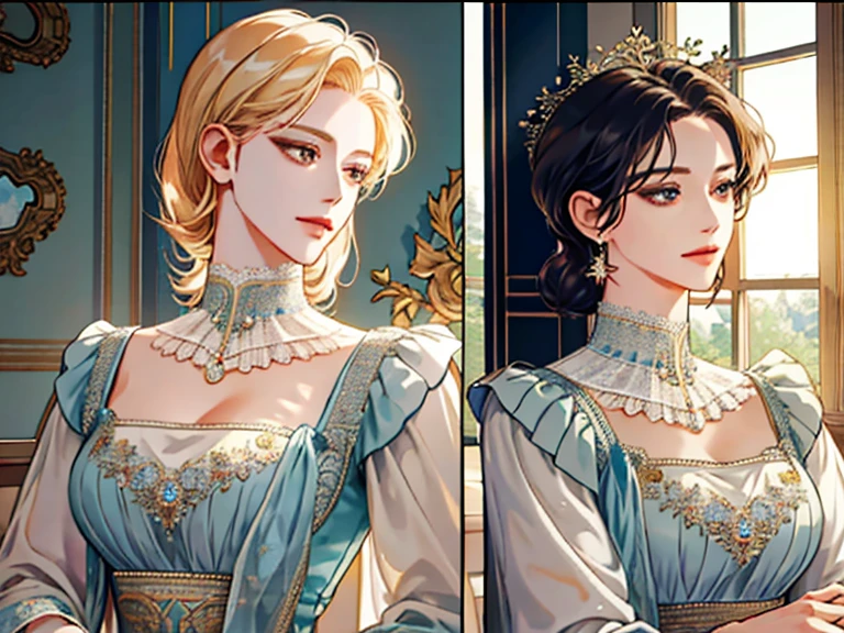 shoujo-style, (extremely delicate and beautiful:1.2), 8k,(masterpiece:1.0),(best_quality:1.0), 1girl, mature woman, complex details, enlarged textures, complex details, finely detailed eyes and detailed face, intricate details, (cleavage), royal dress, (closed mouth), perfect eyes, equal eyes, light smile, (goddess)