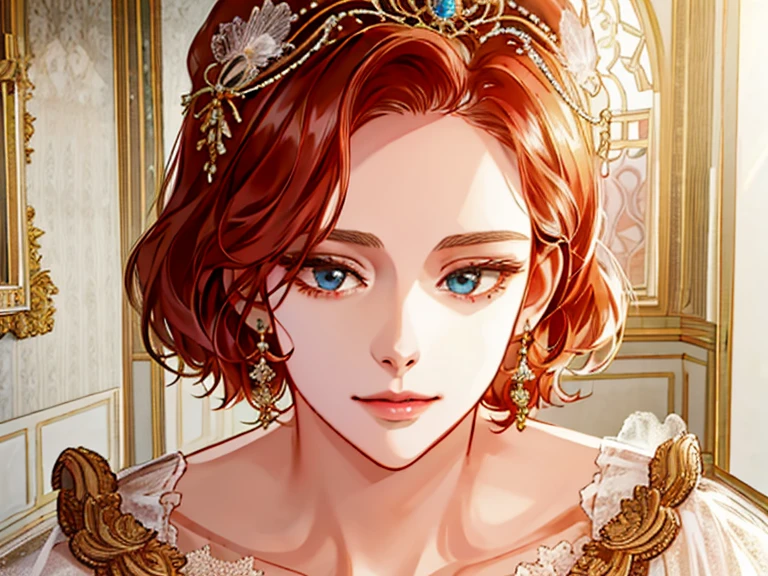 shoujo-style, (extremely delicate and beautiful:1.2), 8k,(masterpiece:1.0),(best_quality:1.0), 1girl, mature woman, complex details, enlarged textures, complex details, finely detailed eyes and detailed face, intricate details, (cleavage), royal dress, (closed mouth), perfect eyes, equal eyes, light smile, (goddess)