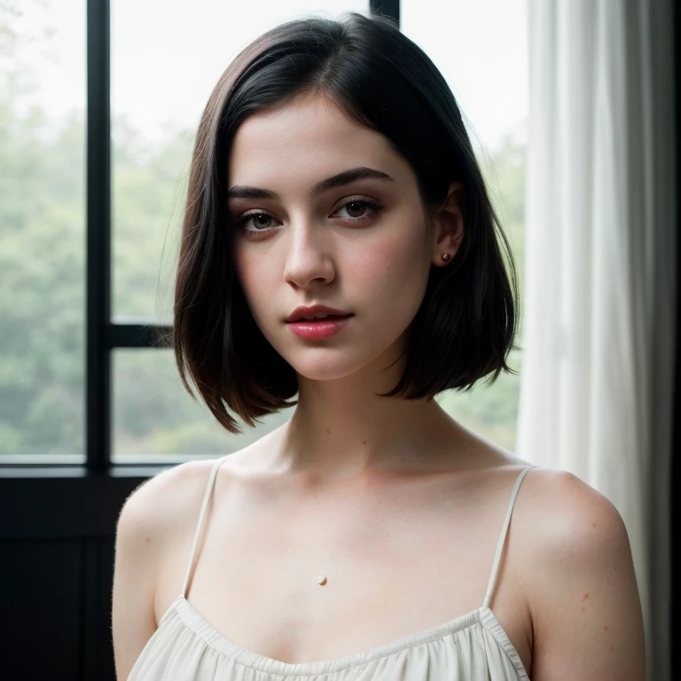 beautiful girl with realistic black eyes, pale skin, mid-length black hair, cum on perfect face, perfect eyes, wearing sheet sundress, highly detailed, comprehensive cinematic, digital painting, 8k, cinematic lighting, best quality, highres, detailed work, post-processing, perfect result, hyper realistic