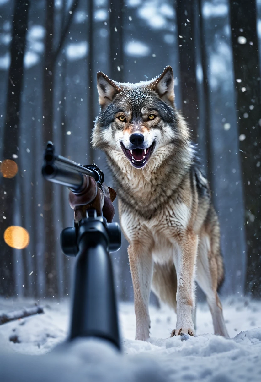 1 Wolf holding a shotgun in its clawed paw, snarling, pointing the gun at a male, forest, falling_snow, snowing, night time, flash photography, blurry background, bokeh, eye level, ultra realistic, professional photo, high_resolution, hyperdetailed, HD, masterpiece