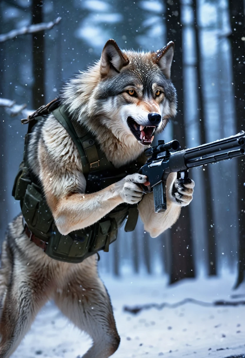 1 Wolf holding a shotgun in its clawed paw, snarling, pointing the gun at a male, forest, falling_snow, snowing, night time, flash photography, blurry background, bokeh, eye level, ultra realistic, professional photo, high_resolution, hyperdetailed, HD, masterpiece 