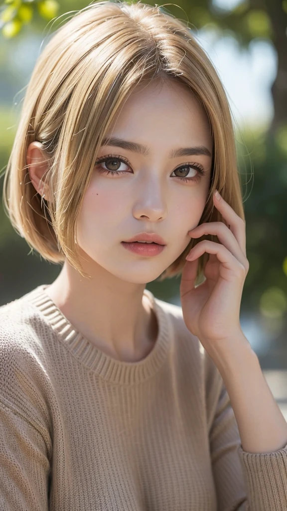 (Bright and very beautiful blonde hair、Silky Bob Hair:1.2),(Wear a knitted sweater:1.2),1 Girl,Japanese,21 years old,(Small breasts:1.3),(Highest quality,masterpiece:1.3,Ultra-high resolution,),(Very detailedな,Caustics),(Photorealistic:1.4,RAW shooting,)Ultra-Realistic Capture,Very detailed,High resolution 16K human skin closeup。 Natural skin texture、,Pores、、It must be detailed enough to be easily identifiable。 Skin tone is even and healthy looking。 Use natural light and color, Sad expression, Looking at the camera, Perfect dynamic composition, Outdoor