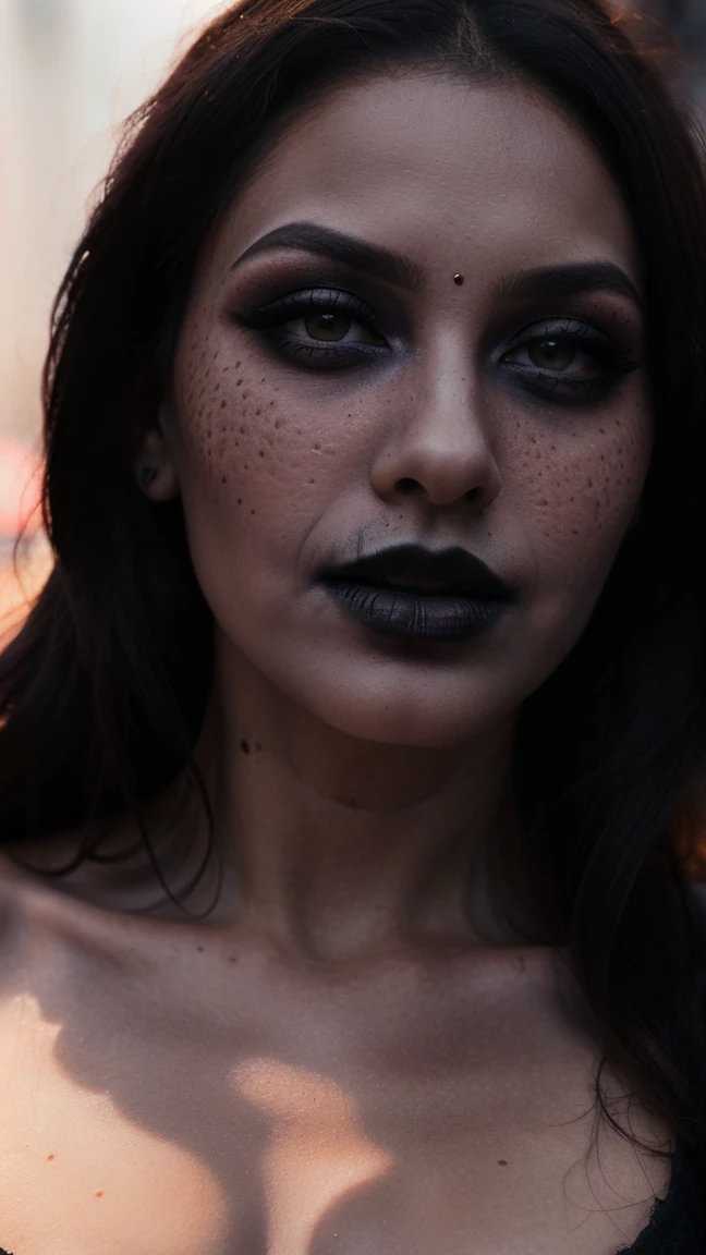 (best quality, hyperdetailed photography:1.2), beautiful Indian lady, ((dark black lipstick)), freckles, gothic makeup, soft light, curvy figure, head and breast portrait, cover, (detailed beautiful face, detail skin texture, ultra-detailed body:1.1) sexy vampire women, closeup