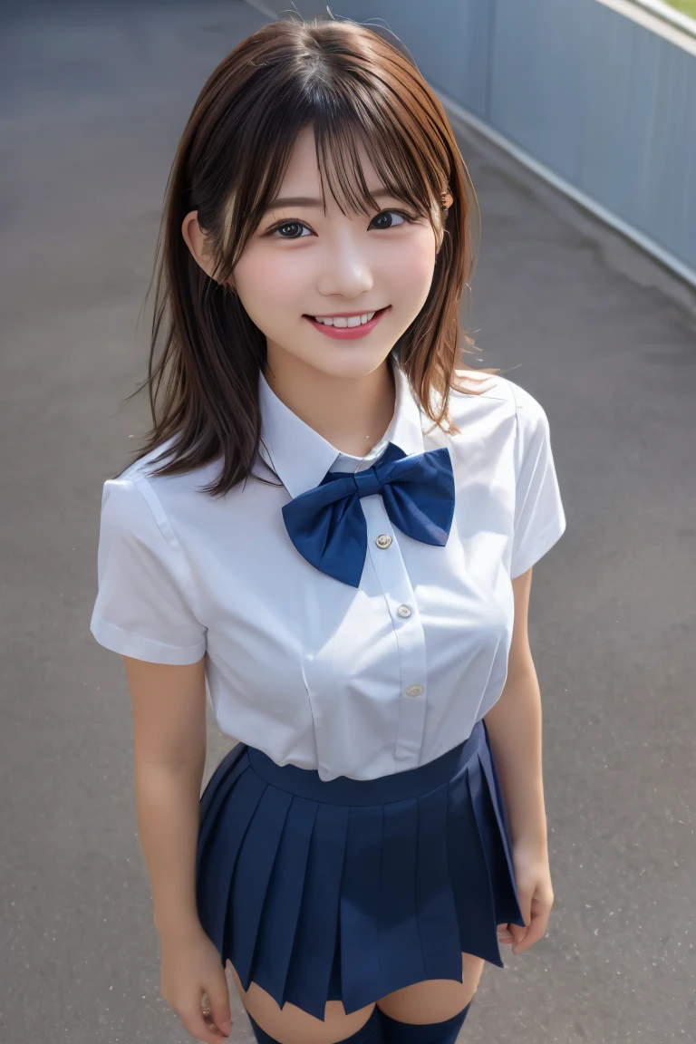 Highest quality, (beautiful)、Brown Hair、Bowtie、Business shirts、Close-up、smile、looking at the camera、Big 、Shoot from above、Navy Blue Skirt