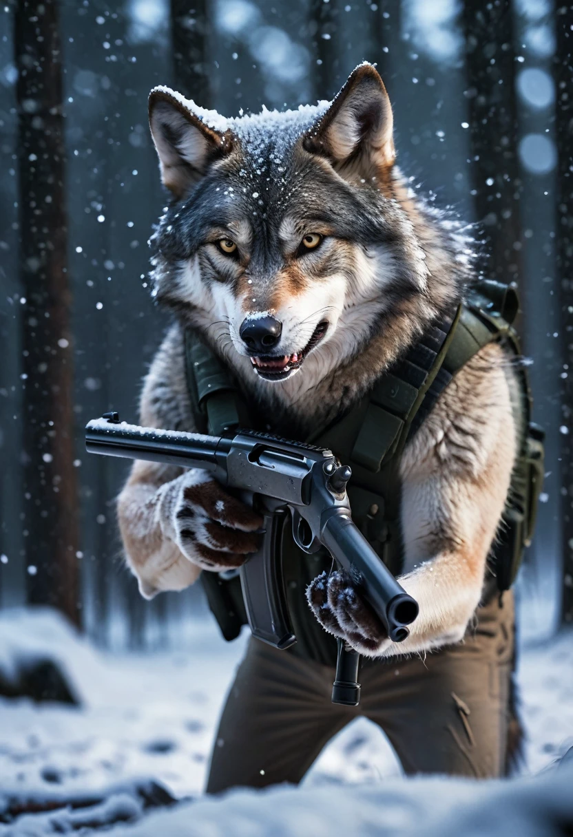 1 Wolf holding a shotgun in its clawed paw, snarling, pointing the gun at a male, forest, falling_snow, snowing, night time, flash photography, blurry background, bokeh, eye level, ultra realistic, professional photo, high_resolution, hyperdetailed, HD, masterpiece