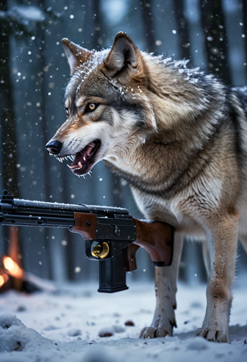 1 Wolf holding a shotgun in its clawed paw, snarling, pointing the gun at a male, forest, falling_snow, snowing, night time, flash photography, blurry background, bokeh, eye level, ultra realistic, professional photo, high_resolution, hyperdetailed, HD, masterpiece