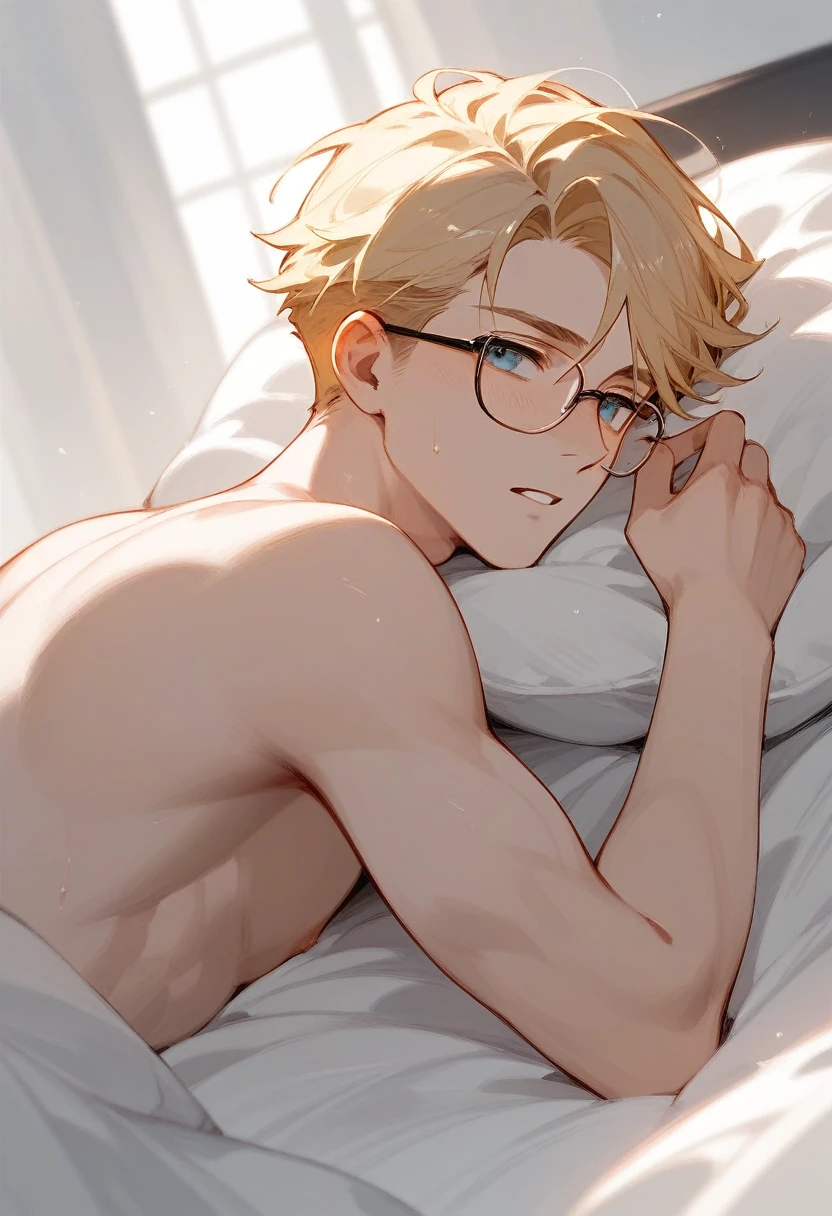 He is a man lying in bed with his eyes open and a look of desire sweating a lot. He is 18 years old, blonde and wears glasses, his hair is neck length.