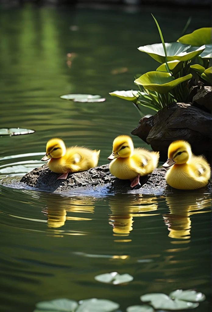 The ducklings are swimming、Highest quality、masterpiece、aesthetic、