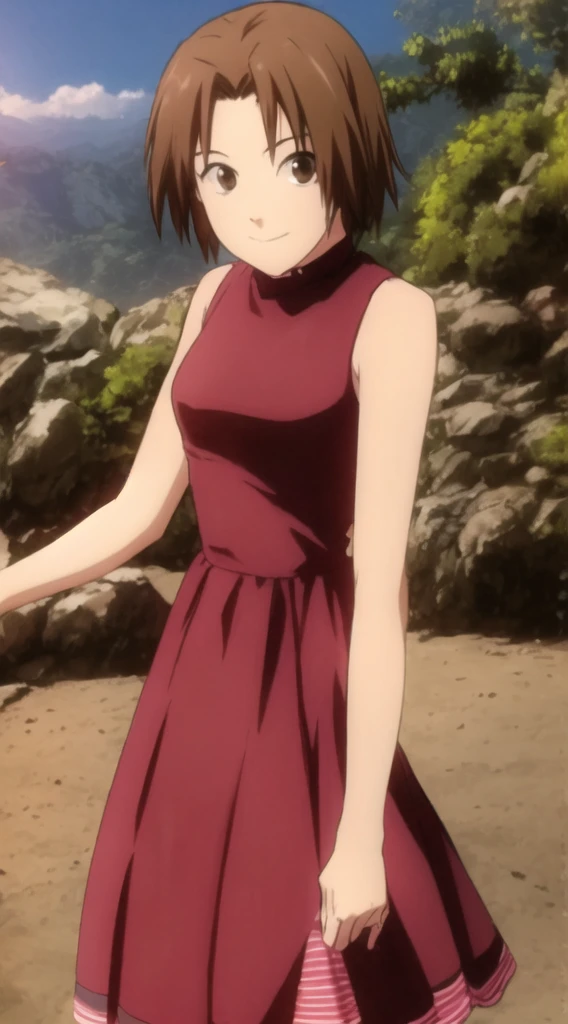 kyoko1, short hair, brown hair, pink striped dress, brown eyes, Masterpece, look at the views,