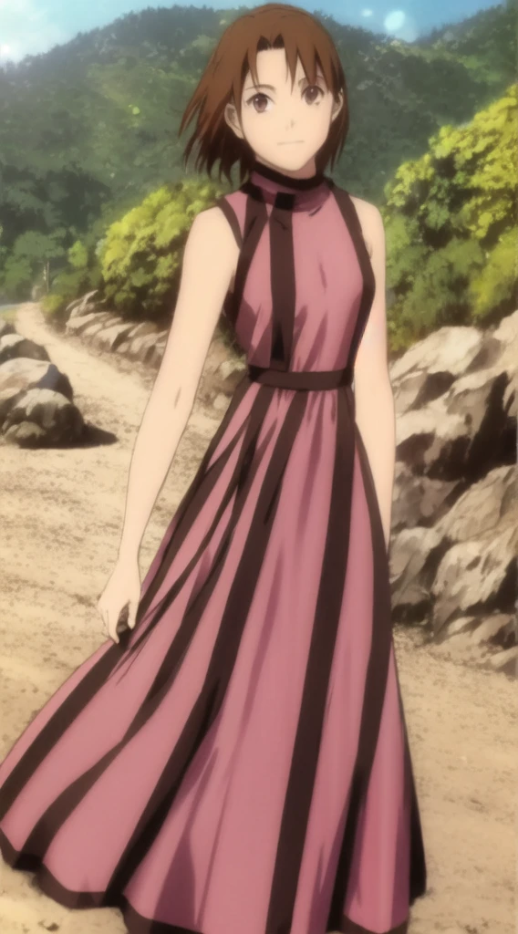 kyoko1, short hair, brown hair, pink striped dress, brown eyes, Masterpece, look at the views,