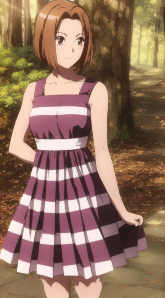 kyoko1, short hair, brown hair, pink striped dress, brown eyes, Masterpece, look at the views,