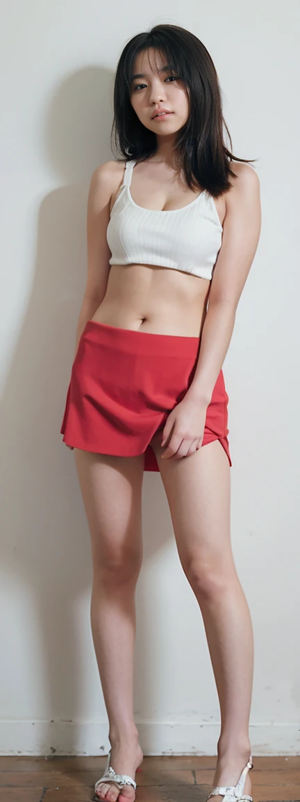 Open shirt, (((Leaning forward))), ((,Round face, Around ,mini skirt、A loose-fitting tank top)), Long Hair, , Natural Makeup, Lips become thicker, Sexy Gaze, barefoot, ((Raise one leg)), Shooting from below,Gentle expression ,((Extremely precise and accurate anatomy)), (masterpiece:1.43), Perfect proportions, Realistic photos, Full Shot, whole body, (height: 165cm),