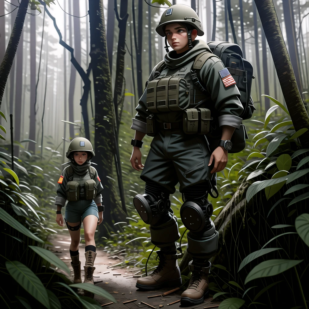 Ultra resolution image of a soldier with a very muscular cybernetic body, muscular arms, large legs, wearing an American army uniform, looking at the camera walking forward, in a thicket in the forest of Vietnam, jeep wreckage on the ground, women on their knees without any clothes crying and looking up.