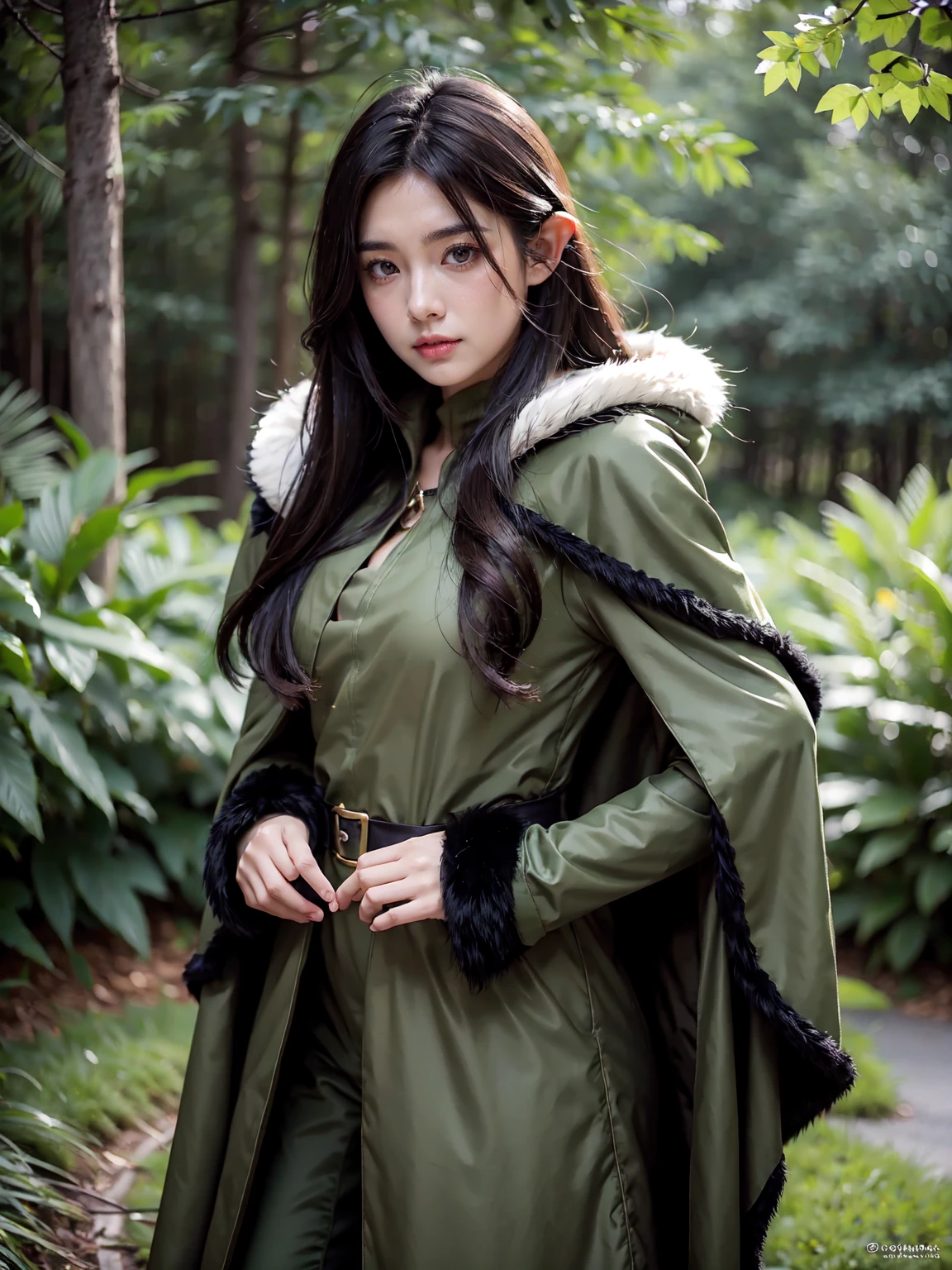 yuichiro hyakuya girl, expressive eyes, 1 girl, black hair, green eyes, brown coat, gray armor, elves, sylvan, green cloak, dark brown gloves, forest, fur trim, anime, standing, good quality, portrait, looking at viewer