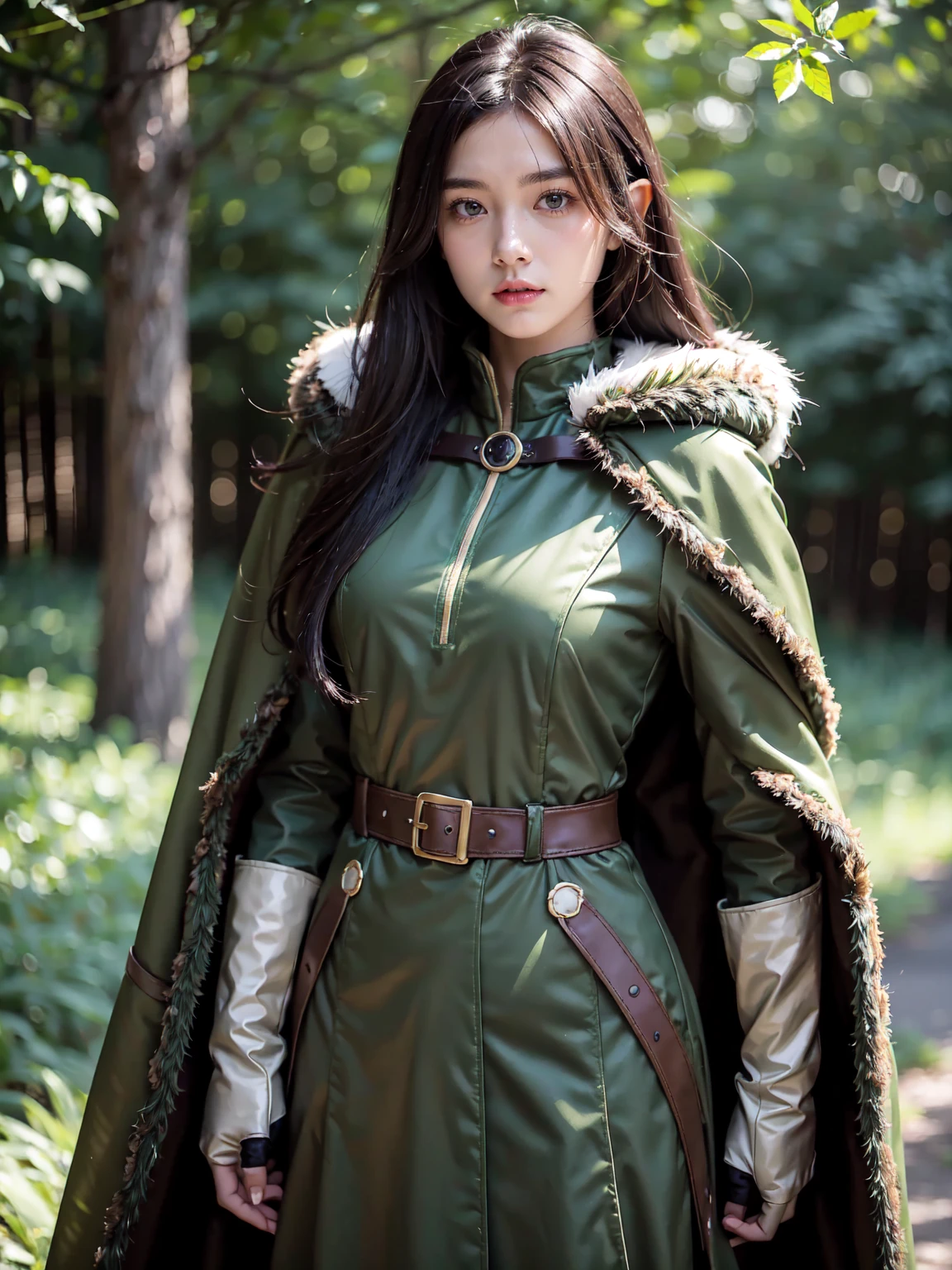 yuichiro hyakuya girl, expressive eyes, 1 girl, black hair, green eyes, brown coat, gray armor, elves, sylvan, green cloak, dark brown gloves, forest, fur trim, anime, standing, good quality, portrait, looking at viewer
