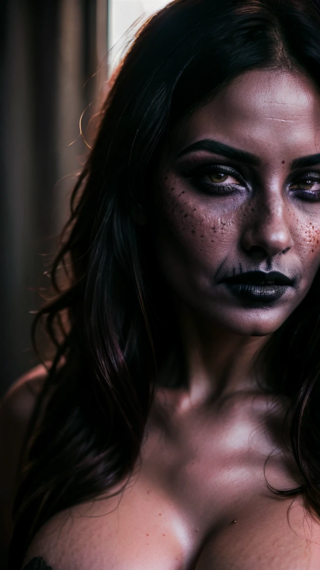 (best quality, hyperdetailed photography:1.2), beautiful Indian lady, ((dark black lipstick)), freckles, gothic makeup, soft light, curvy figure, head and breast portrait, cover, (detailed beautiful face, detail skin texture, ultra-detailed body:1.1) sexy vampire women, closeup