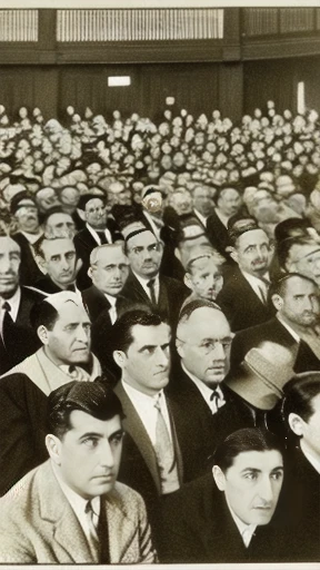 Crowd of Jewish men and women focus on faces.
