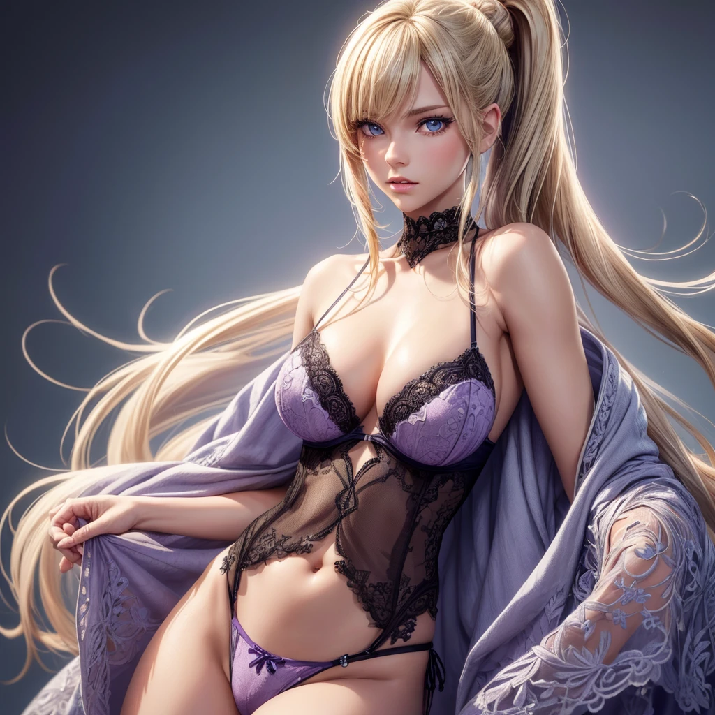 ((Solo)),(best quality: 1.4),Full body , high resolution, masterpiece, 4k, ultra detailed, very beautiful girl masterpiece, sexy blonde, long hair, ponytail, blue eyes, expressive eyes, detailed skin, realistic skin texture, texture, detailed eyes, beautiful woman, lilac bra, lilac lace panties, big tits , bikini .