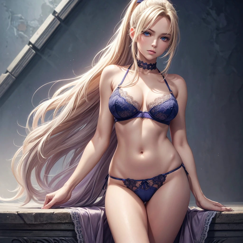 a beautiful young blonde saintess, fantasy world, detailed face and blue eyes, long hair flowing, elegant white underwear, detailed intricate design, volumetric lighting, cinematic lighting, fantasy landscape, serene environment, vibrant colors, seductive, sexy, detailed, half naked