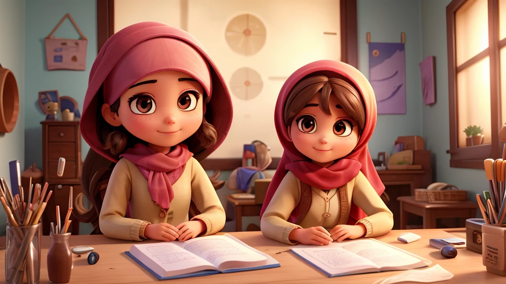 muslim 24 years old girl, learning English in her beautiful well lightened room on her desk, brown hair, hair bobbles, wince, longeyelashes, solid circle eyes, light smile, ear blush, ccurate, best quality Muslim girl, drop shadow, neon color, tachi-e, pov, atmospheric perspective, Color Field painting, Pixar, depth of field, film grain, 8k, super detail, 4K