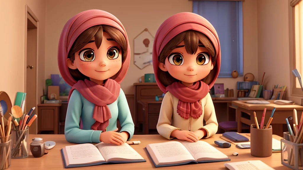 muslim 24 years old girl, learning English in her beautiful well lightened room on her desk, brown hair, hair bobbles, wince, longeyelashes, solid circle eyes, light smile, ear blush, ccurate, best quality Muslim girl, drop shadow, neon color, tachi-e, pov, atmospheric perspective, Color Field painting, Pixar, depth of field, film grain, 8k, super detail, 4K
