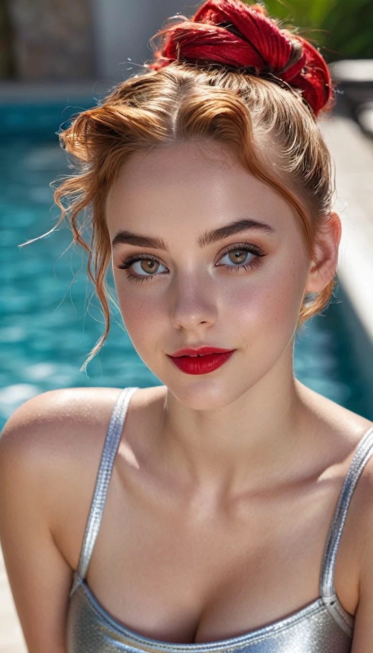 ultrarealistic high quality fullbody photo of a beautiful busty slim european teen girl with cute hyperdetailed shy face and natural redhead short messy bun and mischievous face, realistic round hazel eyes, red lips, dark eye makeup with eyeliner, wearing super-slim shiny metallic silver foil swimsuit, hourglass body, outdoor shooting on a pool