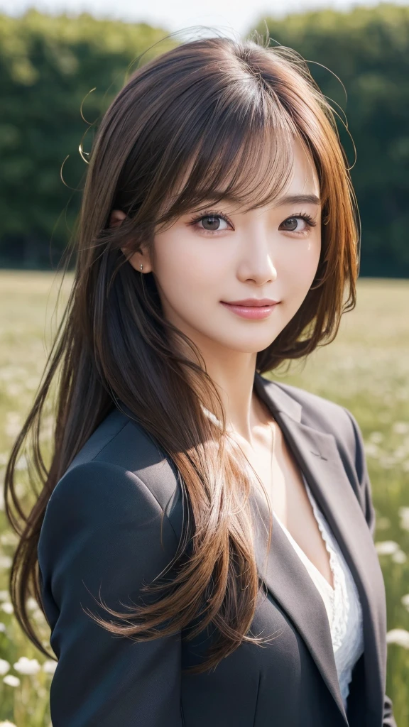 highest quality、genuine、Super detailed、finely、High resolution、8k wallpaper、one beautiful woman、、、light brown disheveled hair、wearing a business suit、sharp focus、perfect dynamic composition、beautiful and detailed eyes、thin hair、Detailed genuine skin texture、smile、model body shape、In a windswept meadow