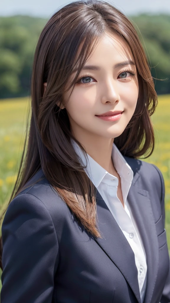 highest quality、genuine、Super detailed、finely、High resolution、8k wallpaper、one beautiful woman、、、light brown disheveled hair、wearing a business suit、sharp focus、perfect dynamic composition、beautiful and detailed eyes、thin hair、Detailed genuine skin texture、smile、model body shape、In a windswept meadow
