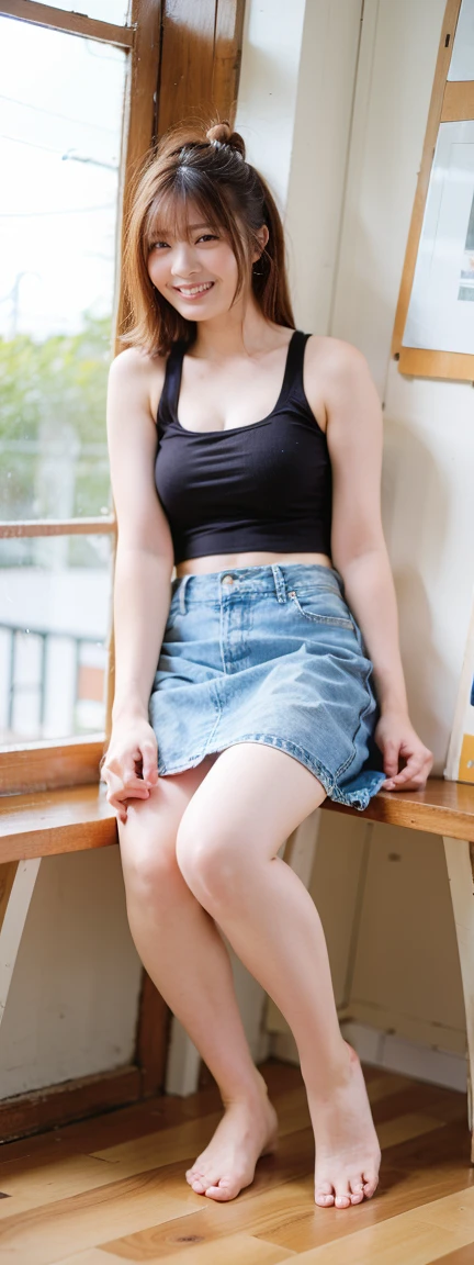 Open shirt, (((Leaning forward))), ((,Round face, Around 17 years old,mini skirt、A loose-fitting tank top)), Long Hair, , Natural Makeup, Lips become thicker, Sexy Gaze, barefoot, ((Raise one leg)), Shooting from below,Gentle expression ,((Extremely precise and accurate anatomy)), (masterpiece:1.43), Perfect proportions, Realistic photos, Full Shot, whole body, (height: 165cm),